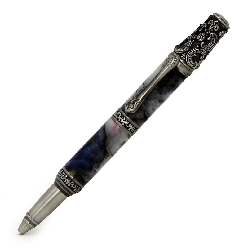 ART-PEN: Handcrafted Luxury Twist Pen – Ricco Deruta Design – Antique Pewter with Marble White/Blk Swirl Acrylic body