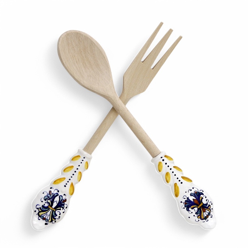 UTENSIL SET: RICCO DERUTA Design – Hard Wood with Hand Painted Ceramic Handle (Pair Set)