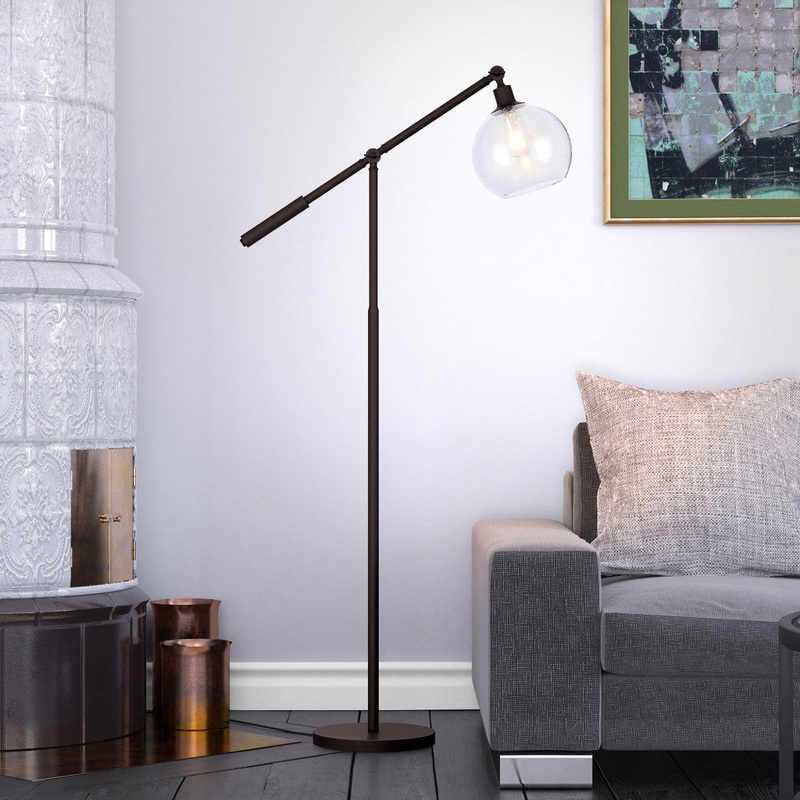 Black Reading Floor Lamp With Clear Seeded Glass Globe Shade