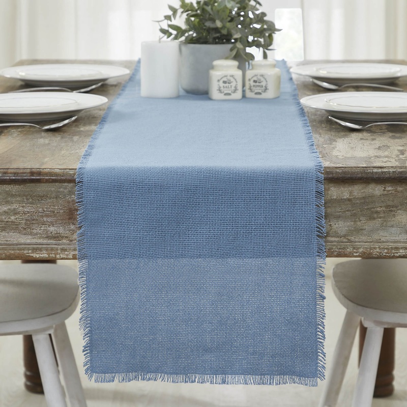 Burlap Blue Runner Fringed 12×72