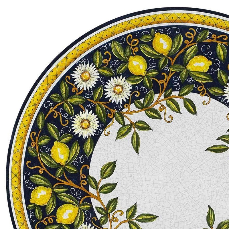 CERAMIC STONE TABLE + IRON BASE: SALERNO Design^ – Hand Painted in Deruta, Italy.