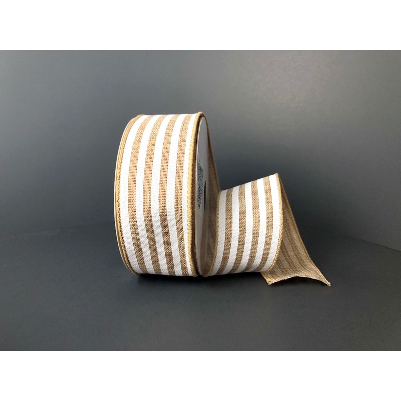 1.5″ Natural Linen Cabana Stripes Ribbon Bolt