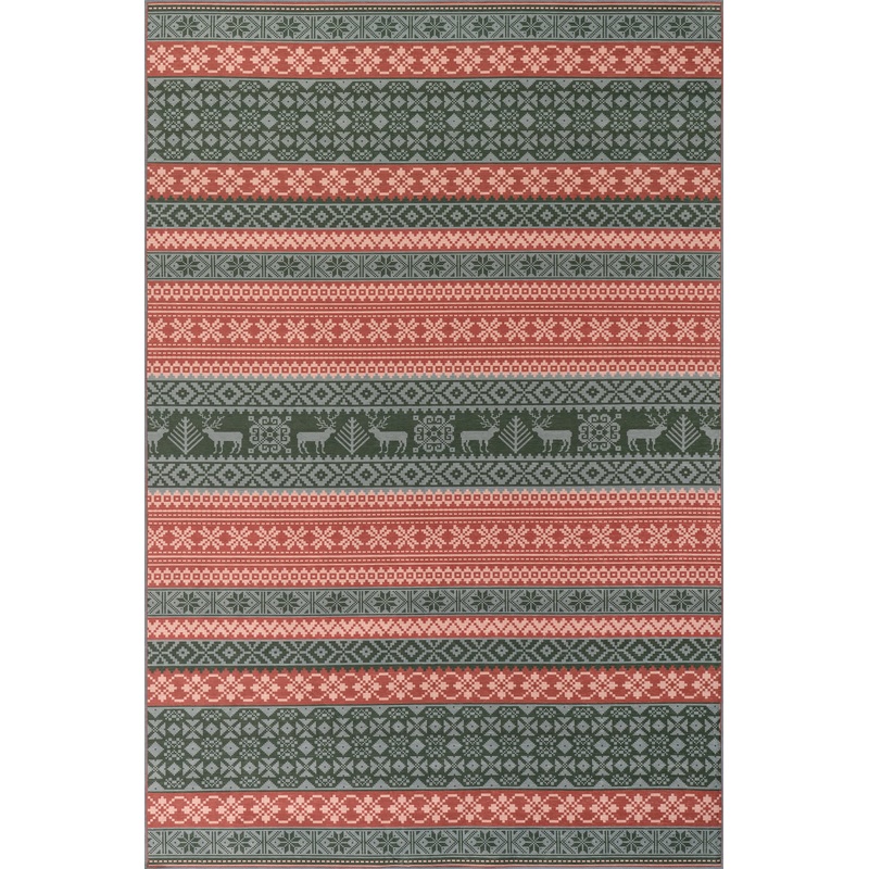 Hollie Reindeer Spill Proof Washable Rug | Red