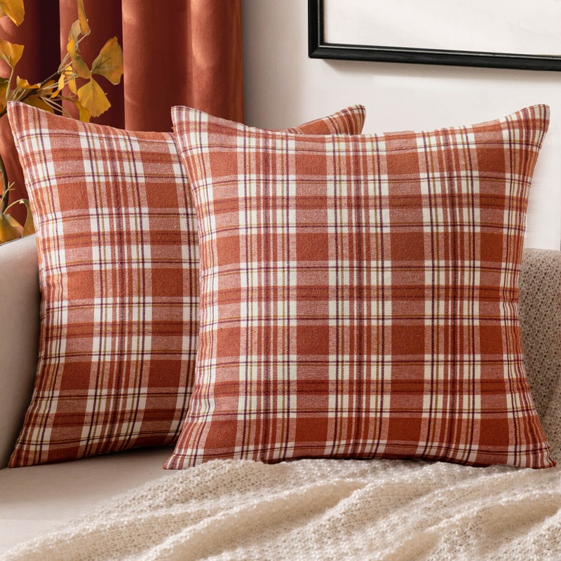 MIULEE Fall Set of 2 Scottish Tartan Plaid Throw Pillow Covers Farmhouse Classic Decorative Square Cushion Cases for Decor Sofa Couch 18×18 Inch, Orange and White