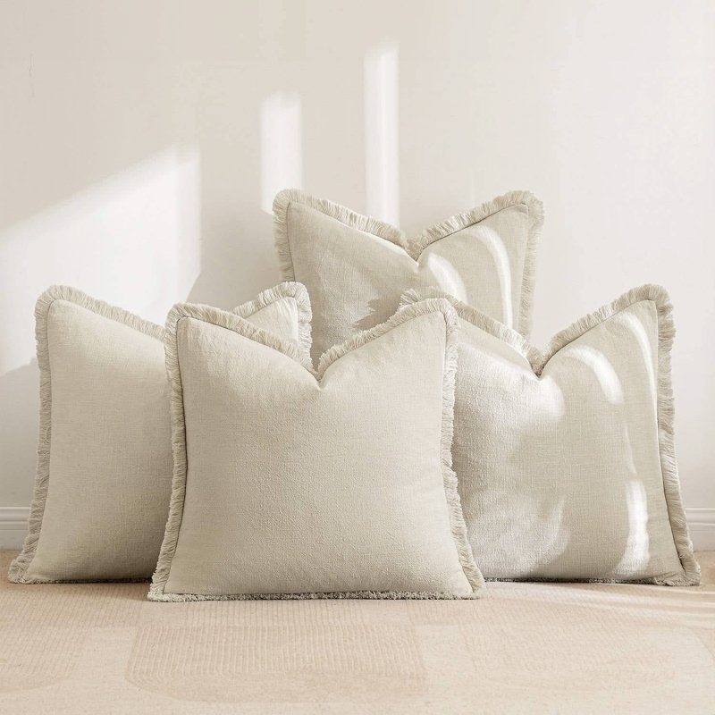 MIULEE Linen Pillow Covers 18×18 Inch Natural Beige Decorative Throw Pillows with Fringe Pack of 4 Soft Farmhouse Boho Couch Christmas Pillows Home Decors for Sofa Cushion Living Room Bed