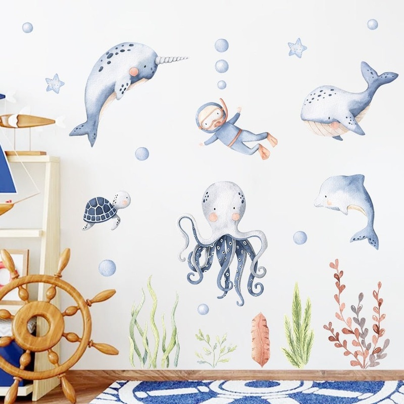 Cute Ocean Animal Watercolor Nursery Stickers