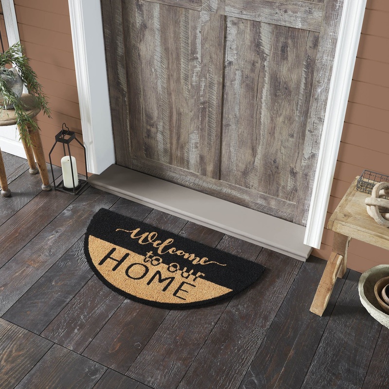 Welcome To Our Home Black Tan Coir Rug Half Circle 16.5×33