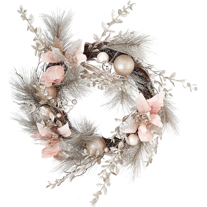 Kurt Adler Artificial Champagne/Gold Wreath with Pink Poinsettias and Ornaments Christmas Decoration, 20″