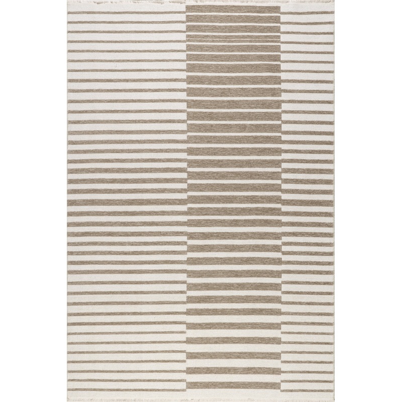 Nova Striped Checkerboard Reversible Washable Rug | Taupe