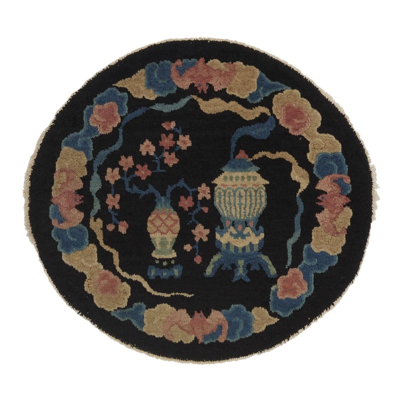 ANTIQUE CHINESE PEKING BLACK BLUE ROUND 2′ RUG