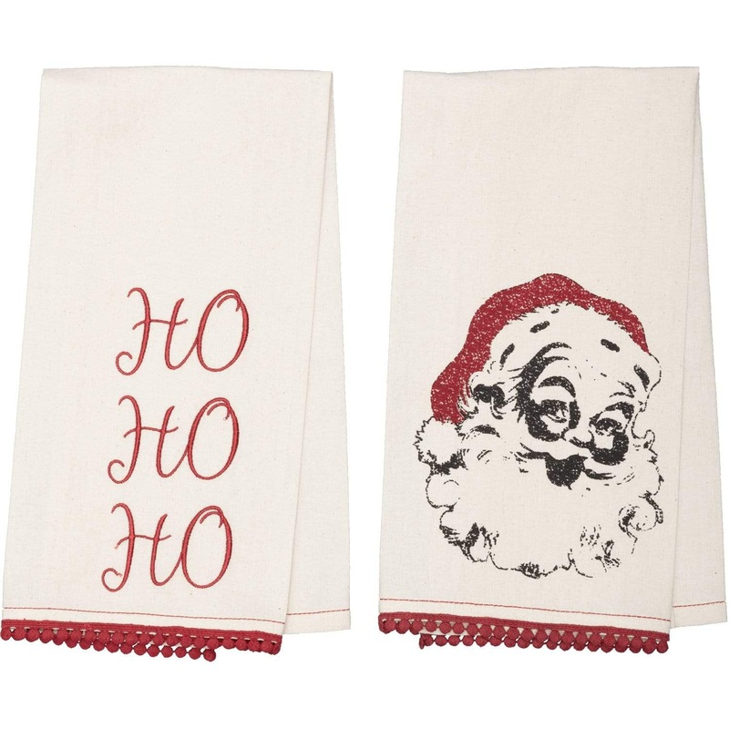 Chenille Christmas Ho Ho Ho Bleached White Muslin Tea Towel Set of 2 19×28
