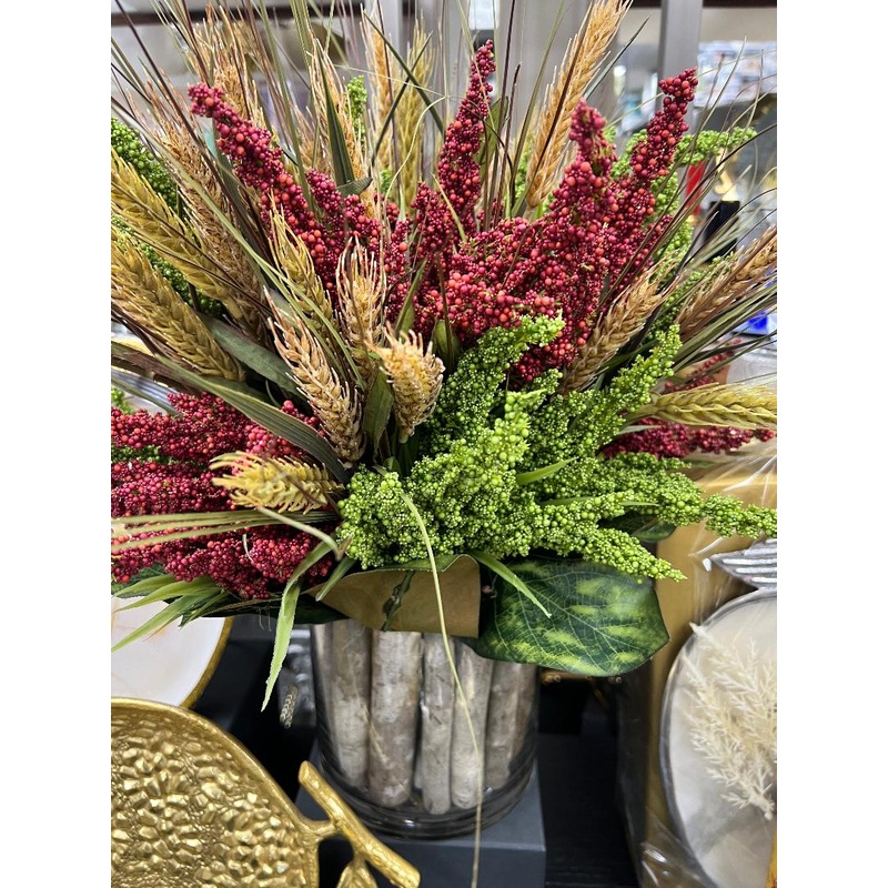 CDI Fall Floral with wheat in Glass Vase Medium Size