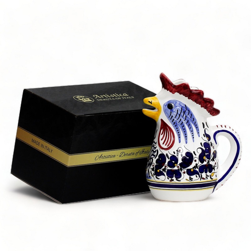 GIFT BOX: With authentic Deruta hand painted ceramic – Deruta Blue Rooster Gallo Pitcher (1 Liter)