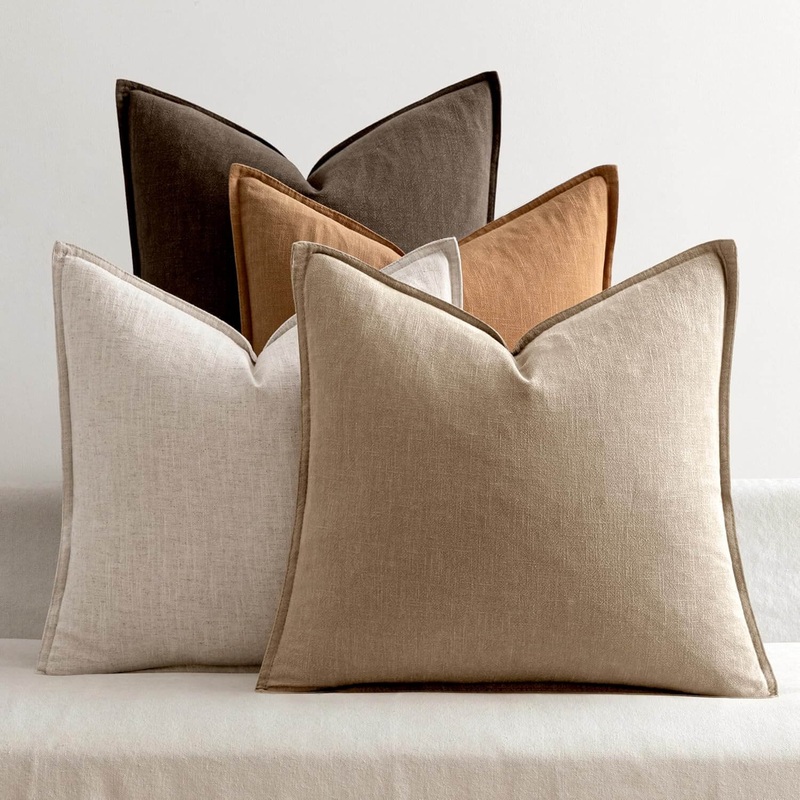 MIULEE Neutral Brown Linen Pillow Covers Pack of 4 Decorative Nautral Solid Throw Pillow Covers Soft Accent Boho Farmhouse Couch Pillowcases Modern Home Decors for Living Room Bed Sofa 24×24 Inch