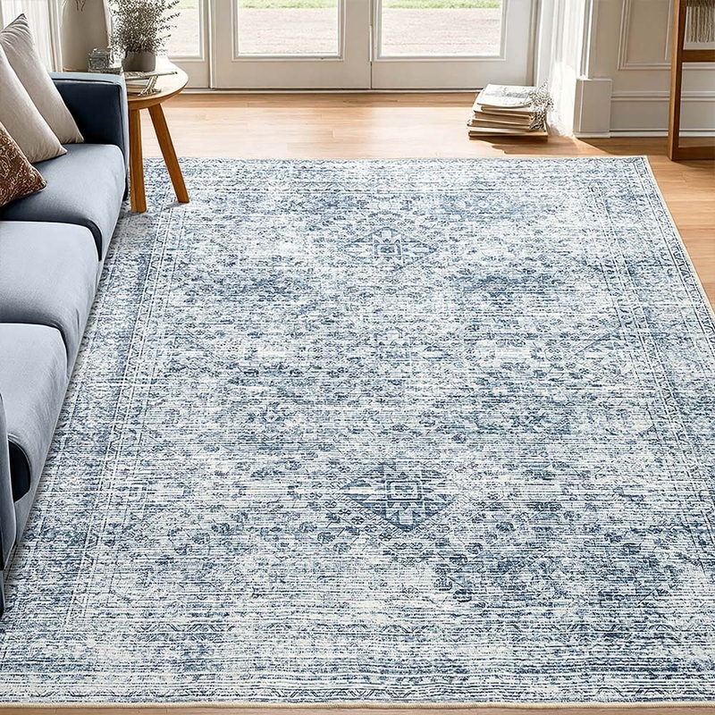 MIULEE 6×9 Vintage Living Room Rug Washable Area Rugs Low Pile Floor Mat for Bedroom Dining Room Non-Slip Stain Resistant Soft Indoor Carpet for Home decor, Blue