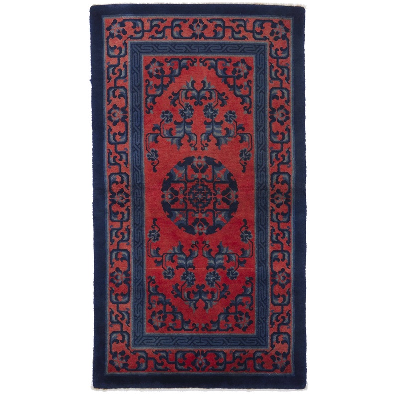 ANTIQUE CHINESE PAO TAO DO, BLUE/RED FLOWERS 2’11” x 5’5”