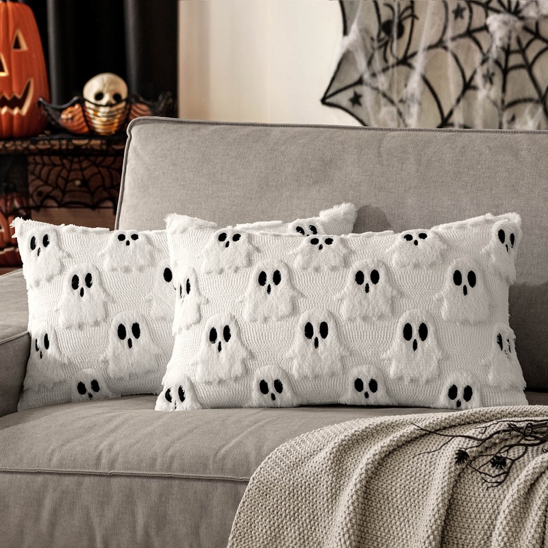 MIULEE Halloween Pillow Covers Set of 2 White Ghost Decorative Soft Throw Pillows Plush Faux Fur Wool Couch Cushion Case for Home Decor Chair Sofa Bedroom Living Room 12×20 inch