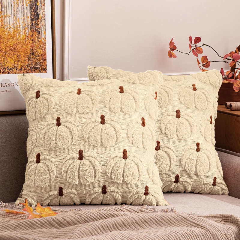 MIULEE Pumpkin Fall Throw Pillow Covers 18 x 18 Decorative Pillow Covers Soft Plush Faux Fur Couch Pillow Covers for Autumn Harvest Farmhouse Halloween Home Decor , Set of 2 Beige Brown Stem