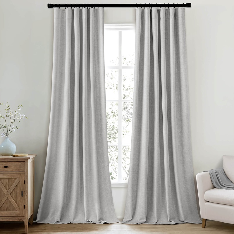 MIULEE 100% Blackout Curtains 90 Inch Long 2 Panels Set for Bedroom, Thick Luxury Faux Linen Black Out Curtain Room Darkening Back Tab Pleat Window Textured Drapes with Hooks for Living Room, Grey