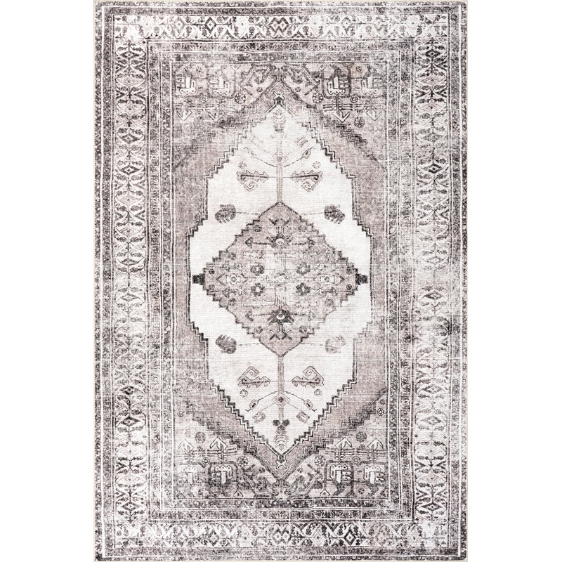 Plated Medallion Spill Proof Washable Rug | Light Grey