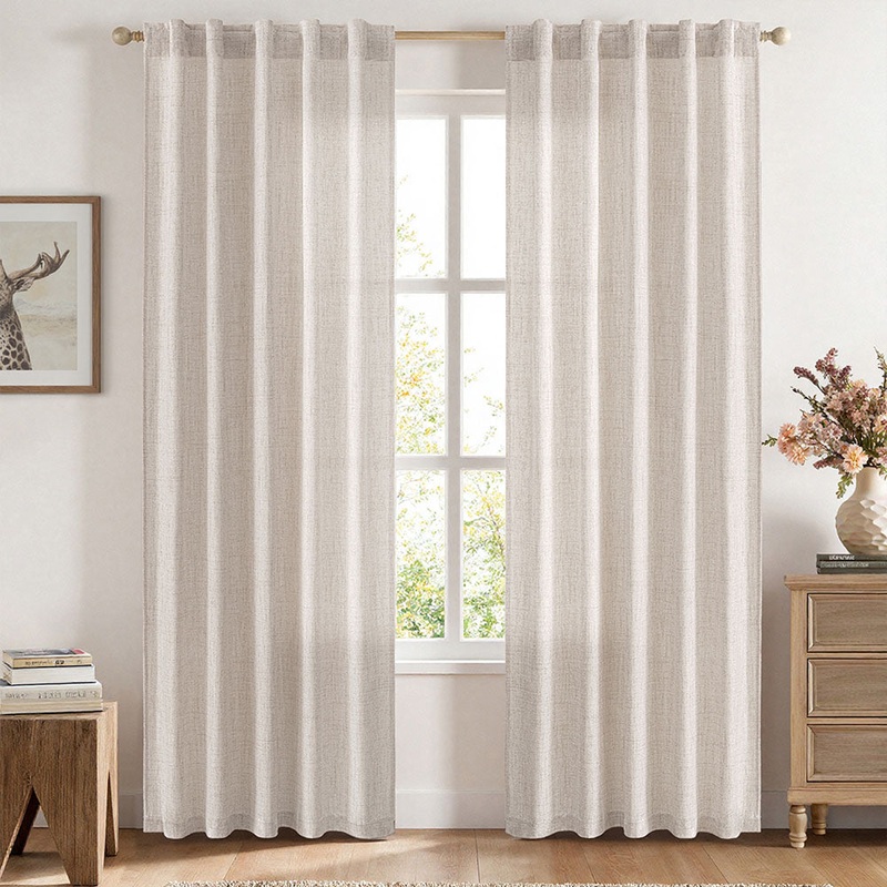 MIULEE Faux Linen Curtains 90 Inch Length 2 Panels Natural Beige Semi Sheer Curtain with Back Tab Rod Pocket , Light Filtering Window Privacy Burlap Drapes for Living Room Bedroom 42W x 90L