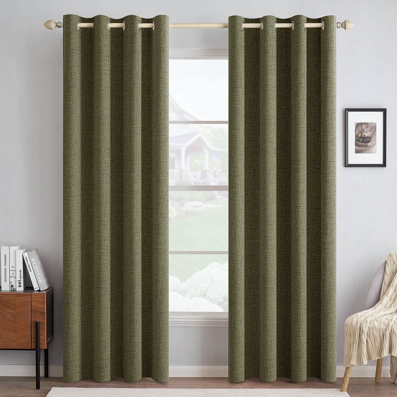 MIULEE Linen Texture Curtains for Bedroom Solid 100% Blackout Thermal Insulated Light Olive Green Curtains Grommet Room Darkening Drapes for Living Room Nursery 52×90 Inch (2 Panels)