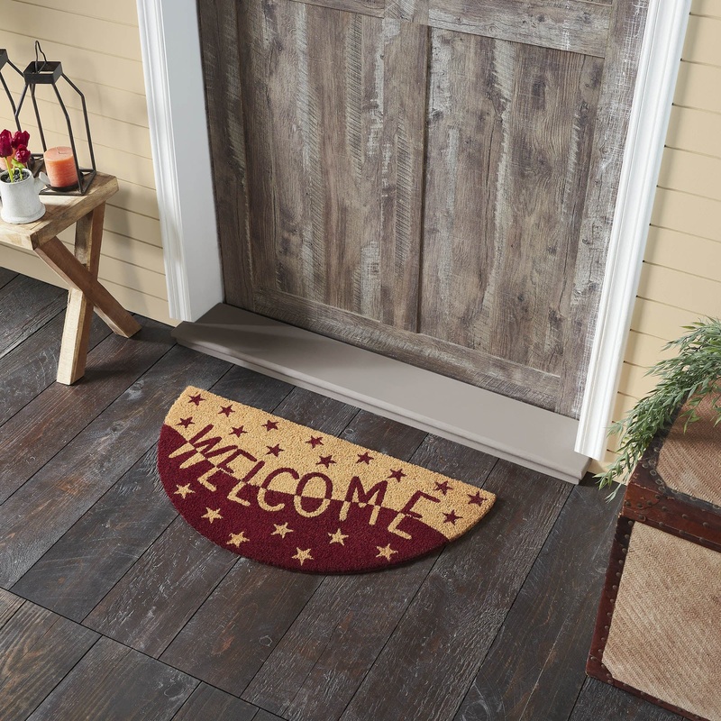 Burgundy Tan Stars Coir Welcome Rug Half Circle 16.5×33