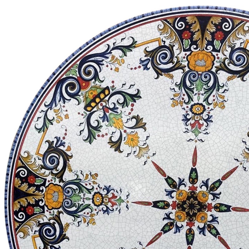 CERAMIC STONE TABLE + IRON BASE: VERONA Design^ – Hand Painted in Deruta, Italy.
