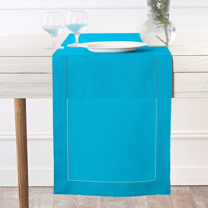 Cyan Blue Pure Linen Table Runner – Hemstitch