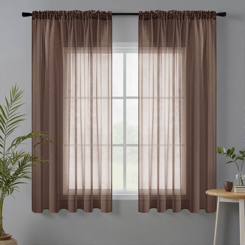 MIULEE Chocolate Brown Sheer Curtains Linen Textured 84 Inches Long 2 Panels for Bedroom Living Room, Semi Transparent Farmhouse Rod Pocket Light Filtering Voile Window Drapes, W 42 x L 63 inch Length