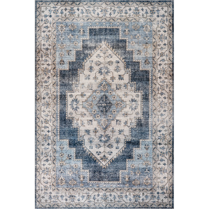 Maria Oasis Medallion Spill Proof Washable Rug | Navy
