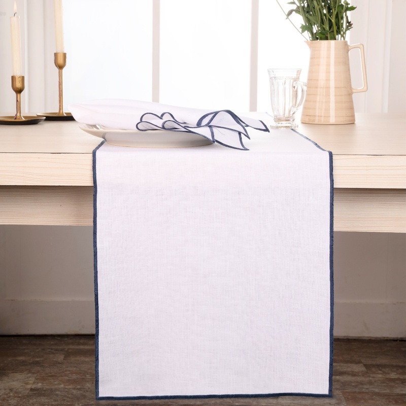 White and Navy Blue Linen Table Runner, Marrow Edge