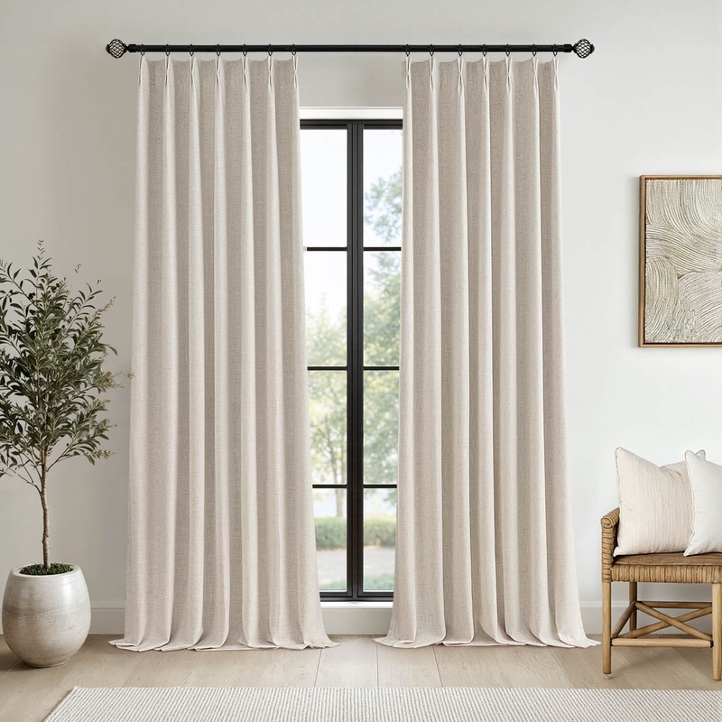 MIULEE Beige Pinch Pleated 100% Blackout Linen Curtains 108 Inch Long 2 Panels Set, Pleat Curtains with Pin Hooks, Black Out Light Blocking Room Darkening Drapes for Bedroom Living Room Window