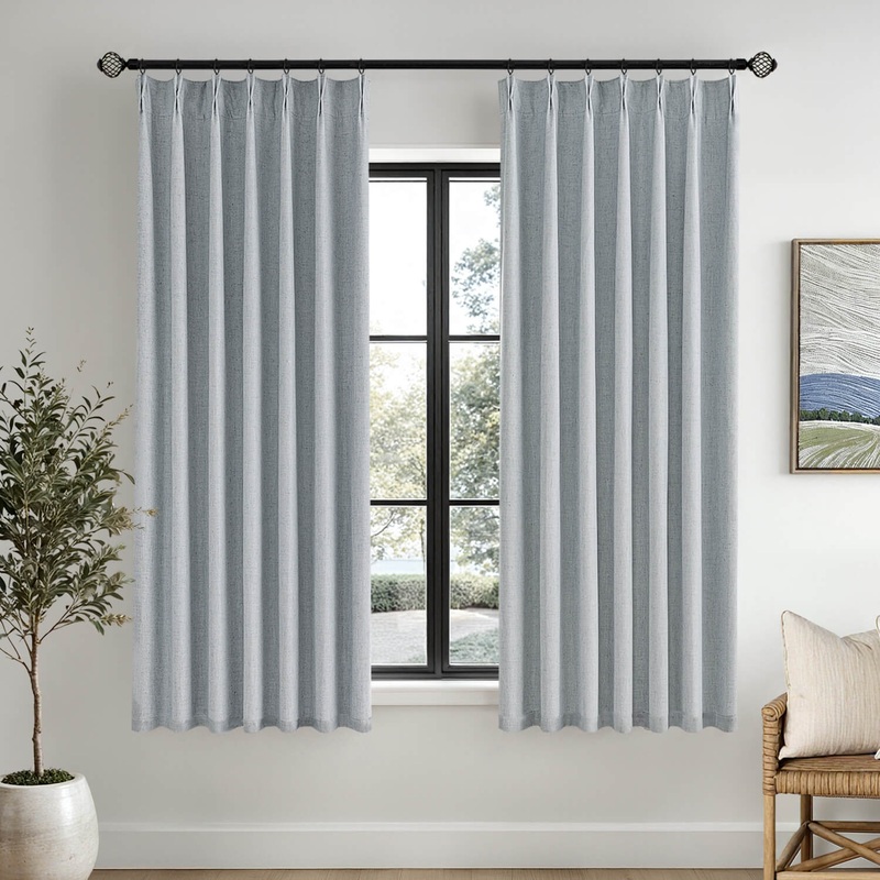 MIULEE Grayish Blue Pinch Pleated 100% Blackout Linen Curtains for Bedroom, Room Darkening Light Blocking Window Curtain 63 inches Long for Living Room, Black Out Pleat Drapes with Pin Hooks, 2 Panels