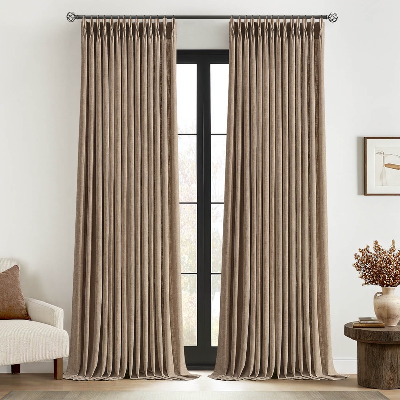 MIULEE Pinch Pleated Linen Curtains 108 Inches Long 2 Panels for Living Room Bedroom, Textured Thick Linen Drapes Back Tab Country Farmhouse Brown Tan Burlap Foor to Ceiling Curtains with Hooks&Rings