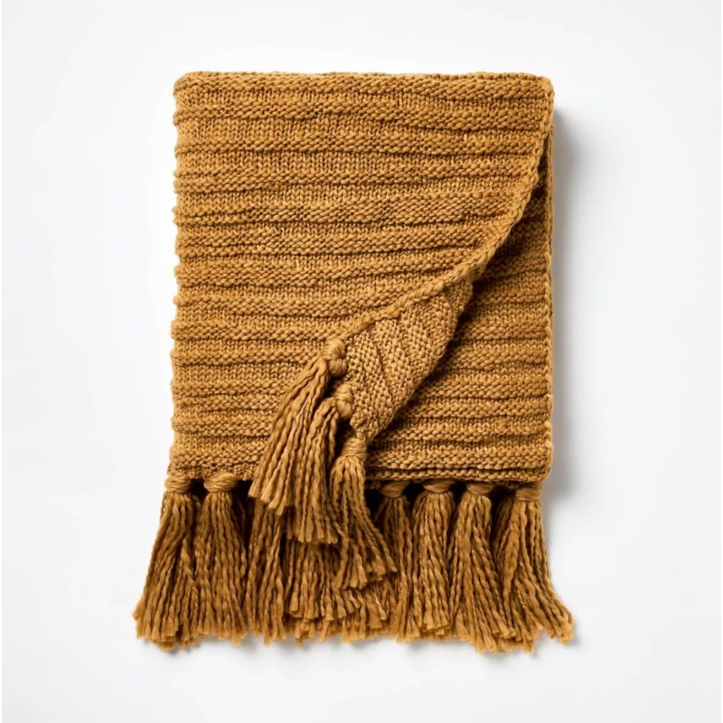 Raised Striped 60×50 Chunky Knit Throw Blanket – Dark Tan