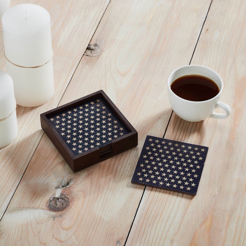 White Stars On Navy MDF Coaster w/ Container Set of 6 4×4
