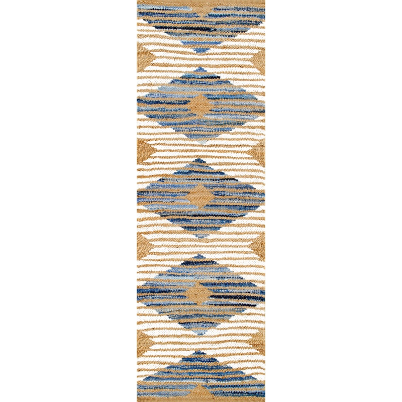 Hand Braided Denim And Jute Striped Diamonds Rug | Off White