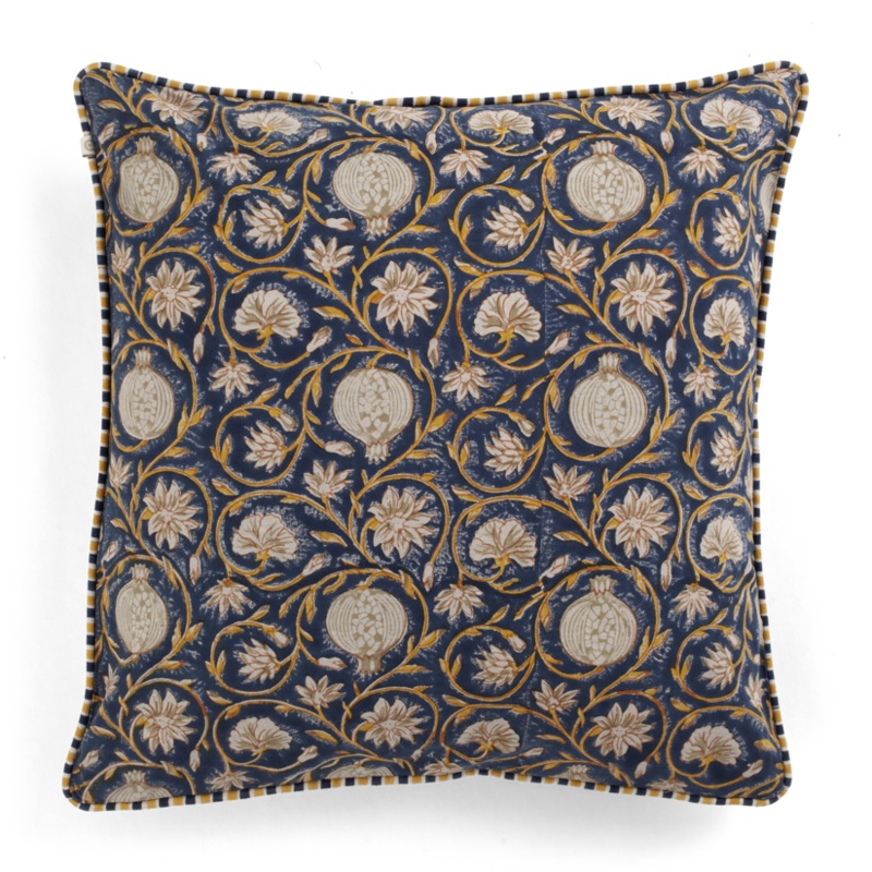 Cotton Cushion Cover Tangier Pomegranate Design – Dark Blue & Ochre