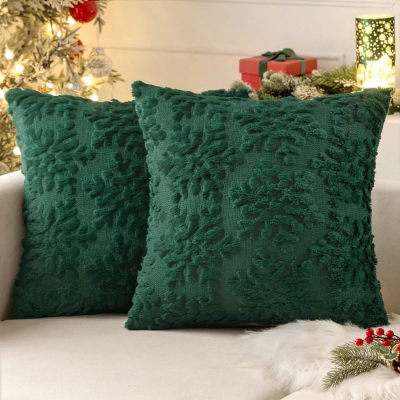 MIULEE Dark Green Throw Pillow Covers Christmas Snowflakes Decorative Pillow Covers 16×16 Inch Soft Plush Faux Wool Pillow Covers Set of 2 Farmhouse Couch Pillows Home Decors for Sofa Livingroom Bed