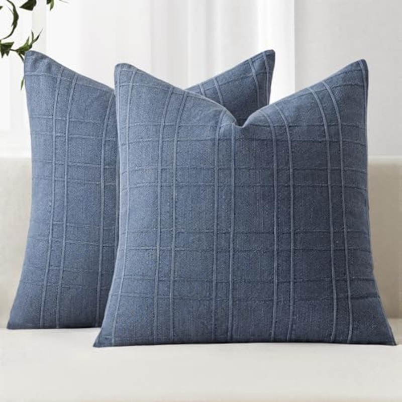 MIULEE Decorative Linen Check Lumar Throw Pillow Covers Neutral Farmhouse Vintage Pillow Covers 12×20 Inch Set of 2 Boho Modern Home Decor for Sofa Couch Bedroom Cushion Chair Blue