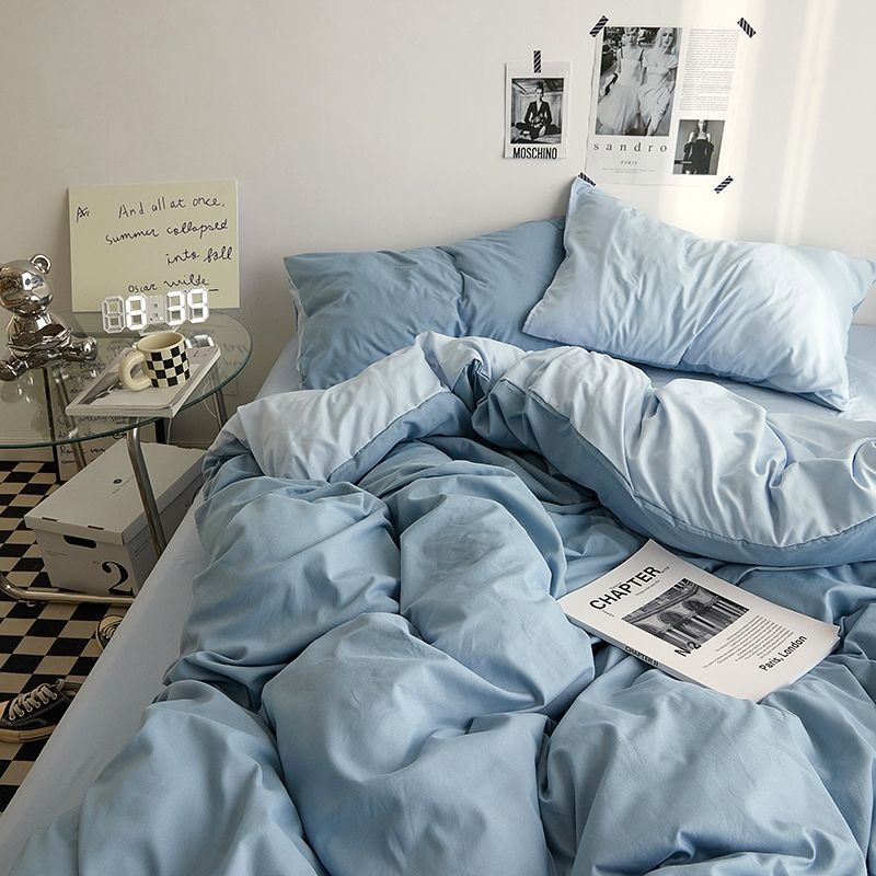 Solid Blue Duvet Cover Set – Flat Sheet with Pillowcases