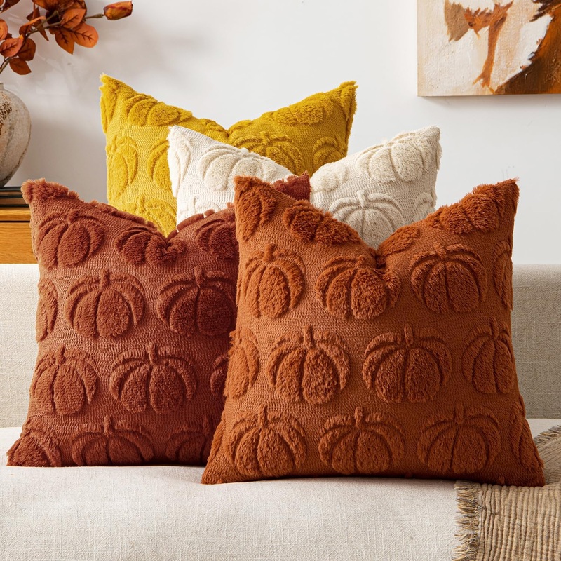 MIULEE Fall Pumpkin Pillow Covers 18×18 Inch Set of 4 – Soft Cozy Plush Decorative Pillows with Embroidered Pumpkin Pattern Autumn Halloween Holiday Decor for Sofa Couch Bed Living Room,Rust-Yellow