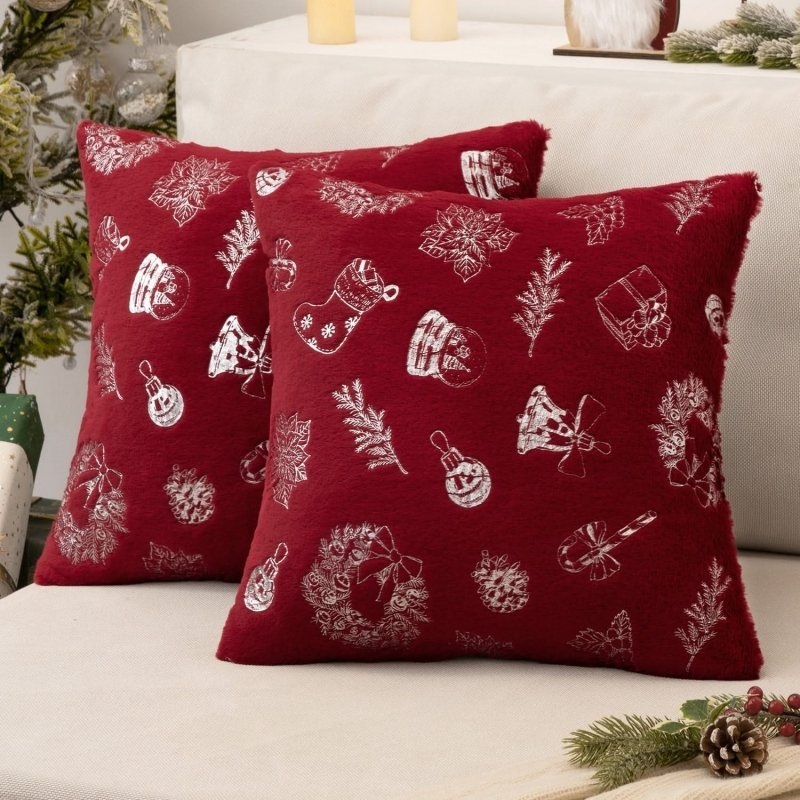 MIULEE Christmas Burgundy Pillow Covers Set of 2 Snowflakes Decorative Throw Pillow Covers 18×18 Inch Soft Plush Faux Wool Pillow Covers Farmhouse Couch Pillows Home Decors for Sofa Livingroom Bed.