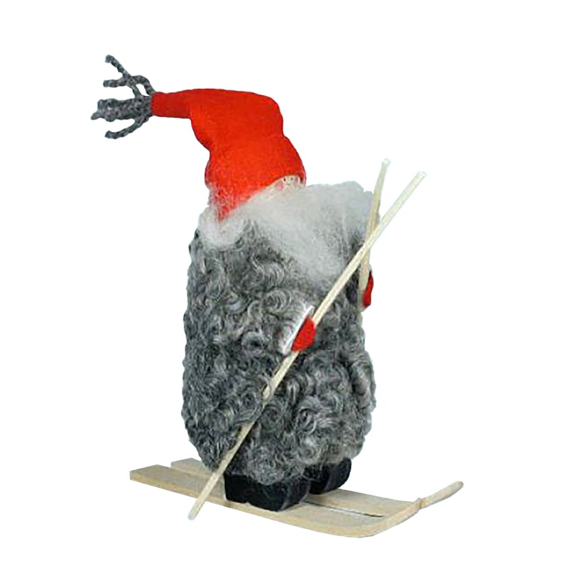 Swedish Tomte on Skis with Tall Red Hat