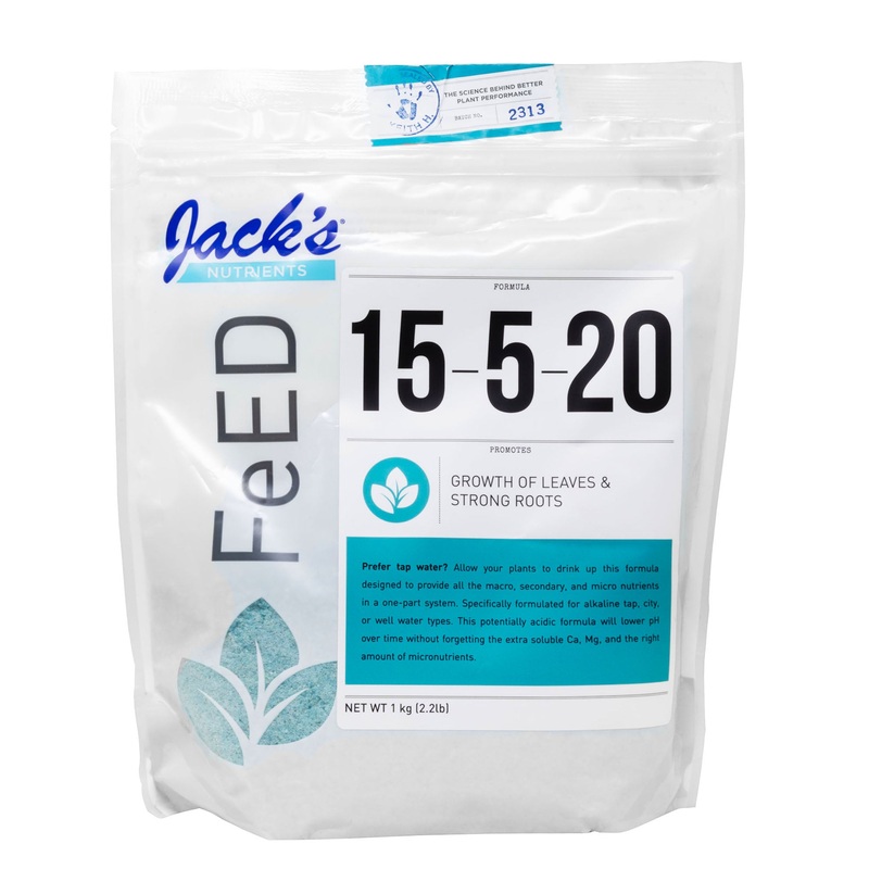 Jack’s Nutrients 15-5-20 Tap Water-Soluble Fertilizer for Lowering Water pH for Leaf and Root Growth in Continuous Liquid Feed Programs, 2.2lbs