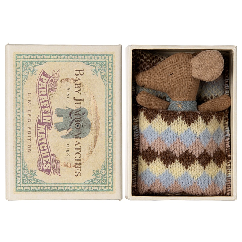 Maileg, Sleepy Wakey Baby Mouse in Matchbox – Blue