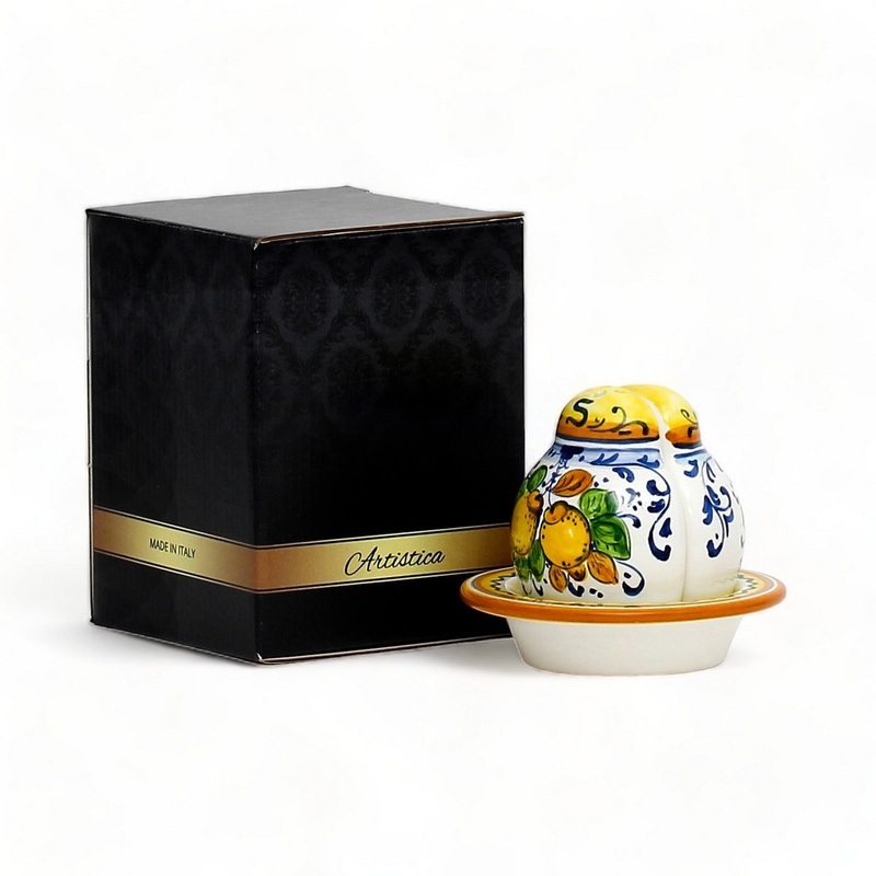 GIFT BOX: With authentic Deruta hand painted ceramic – LIMONCINI: ‘THE BETTER HALF’ SALT AND PEPPER SET WITH TRAY/SAUCER