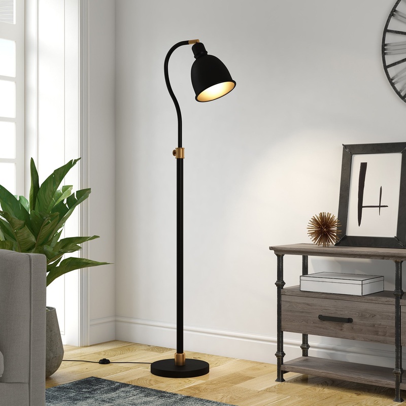 Black Adjustable Arched Floor Lamp With Black Dome Shade