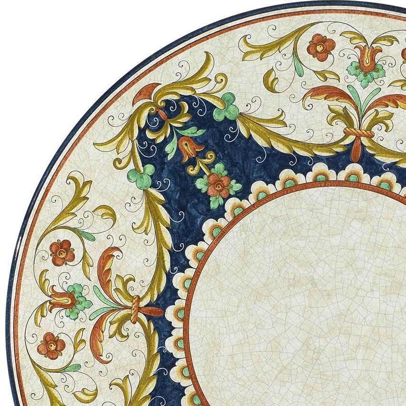 CERAMIC STONE TABLE + IRON BASE: GUBBIO Design^ – Hand Painted in Deruta, Italy.